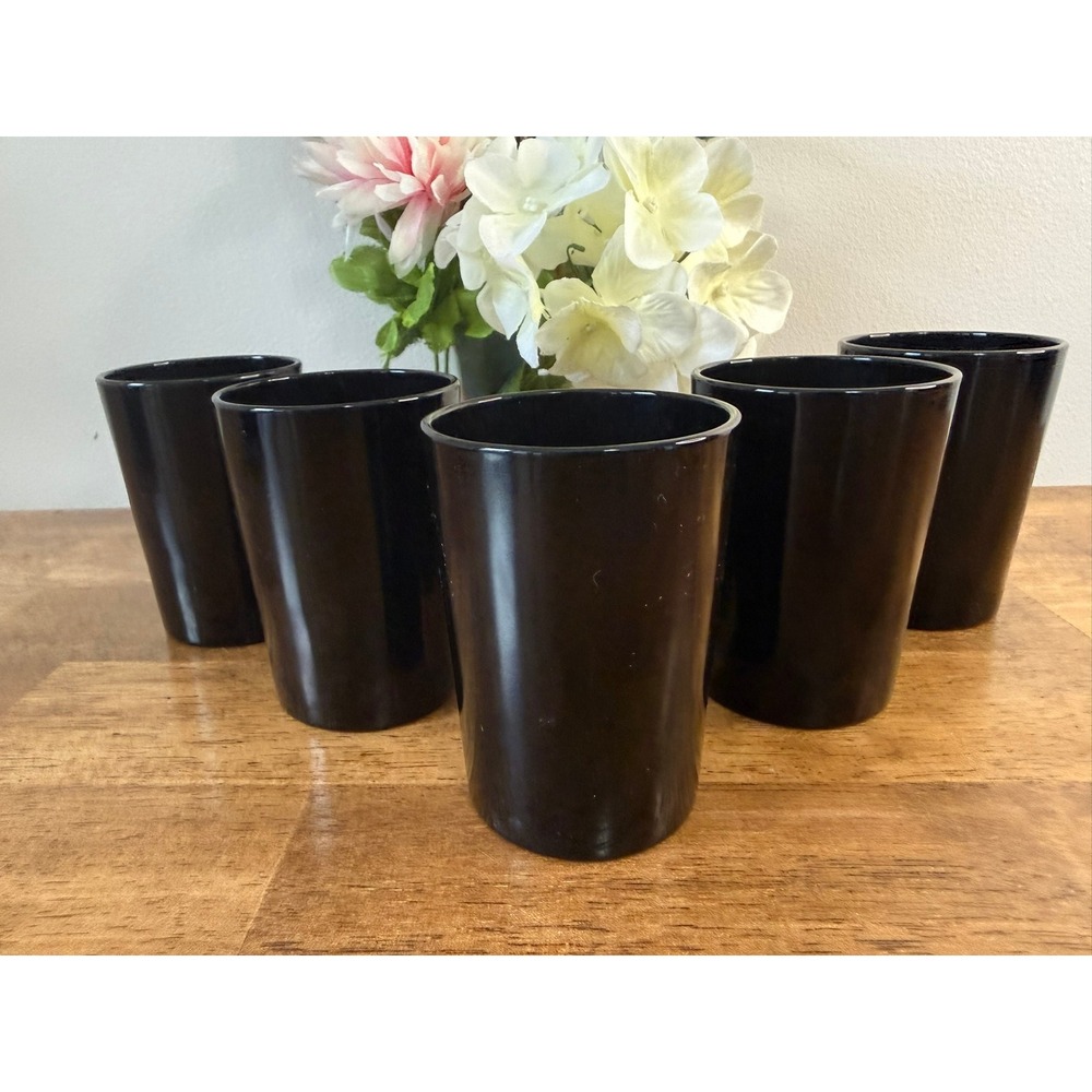 Vintage Hazel Atlas Black Glass Tumblers Set of 5 Mid Century Barware